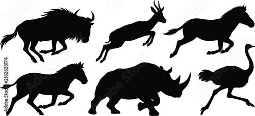 Foto Collection of running African safari animal silhouettes isolated on a white background for graphic design