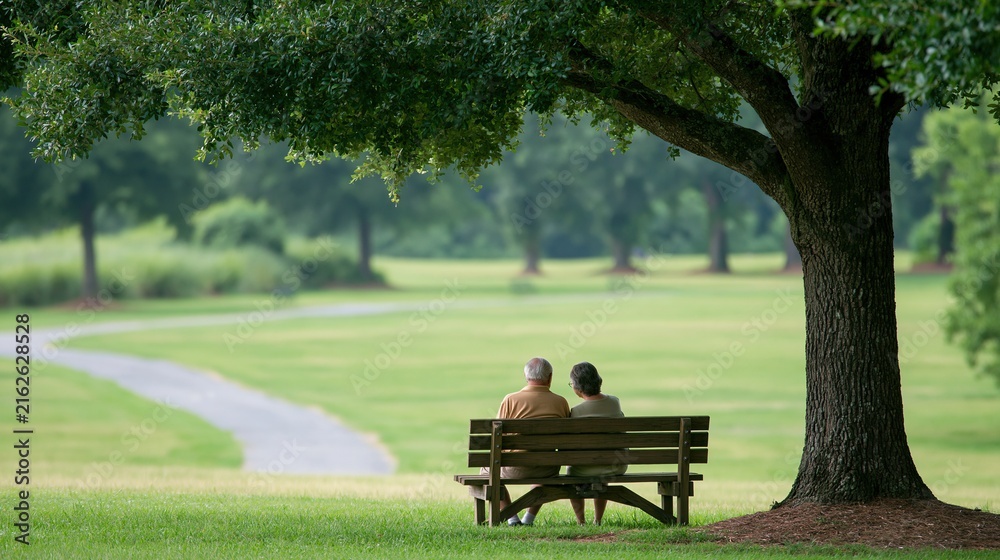 Fototapeta premium Senior couple sitting together on a wooden bench under a large tree in a peaceful green park setting