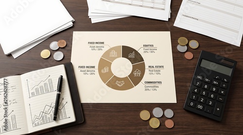 Financial Asset Allocation Pie Chart on Office Desk