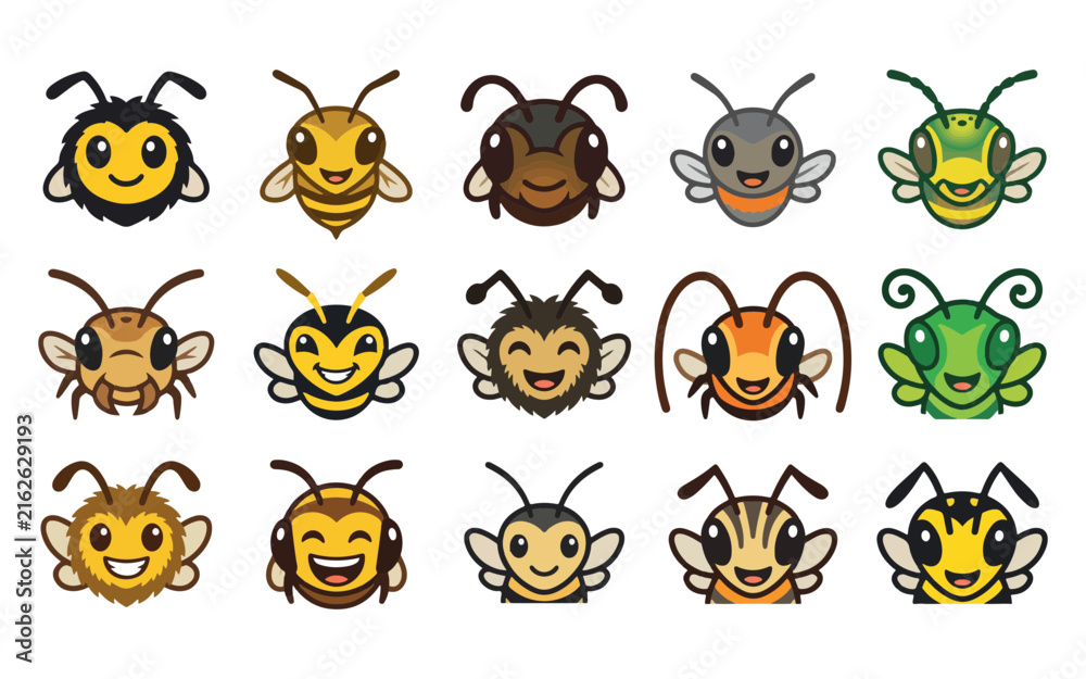 Fototapeta premium Cute Cartoon Bee Collection, Colorful Honey Bee and Insect Mascot Illustrations
