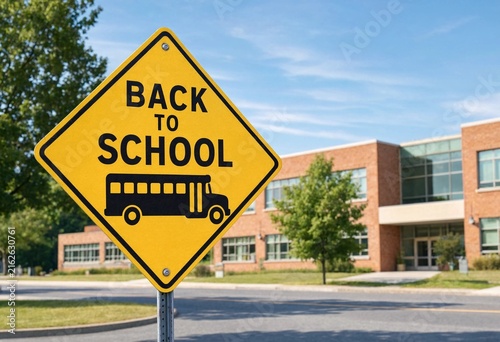 Bright yellow back to school road sign featuring a black bus silhouette, emphasizing student safety, education, transportation, commuting, and autumn learning environments outdoors.