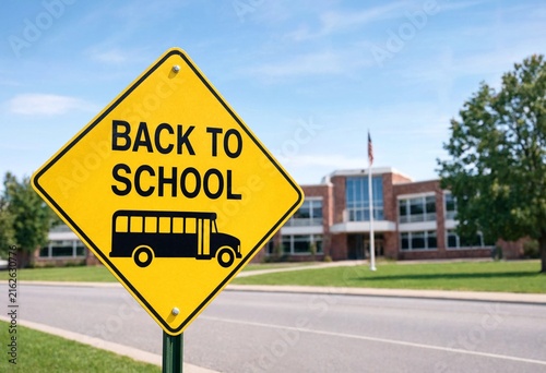 Bright yellow back to school road sign featuring a black bus silhouette, emphasizing student safety, education, transportation, commuting, and autumn learning environments outdoors.