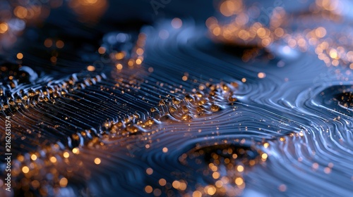 Circuit board closeup featuring illuminated lines and components, representing data flow, digital communication, and advanced technology