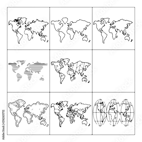 A grid of minimalist black and white world map icons in various line art styles.
