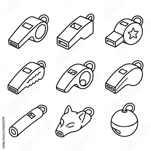 Isometric line art icons depicting various sports whistle designs on a white background.