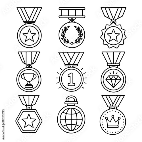 A set of nine black and white line art medal icons with ribbons on a white background.