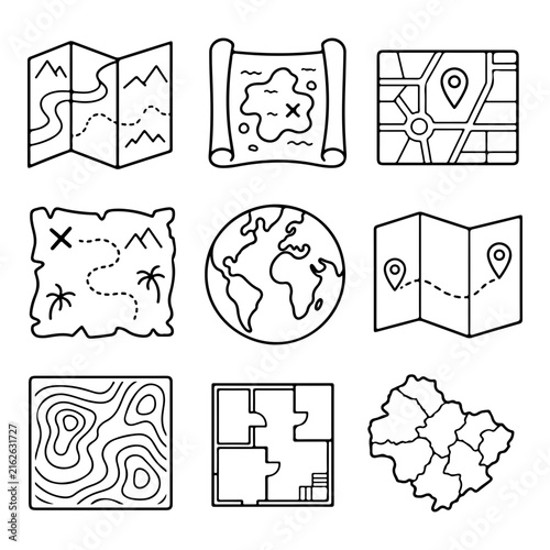 Set of minimalist black line icons representing various types of maps and geography.