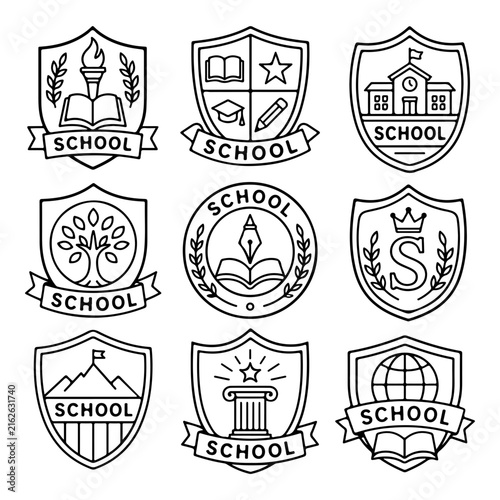 A collection of nine hand-drawn school crests and academic emblems in a black sketch style.