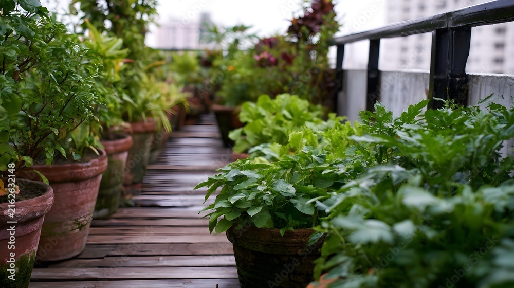 Fototapeta premium Rows of potted green plants line a wooden deck on a rooftop garden under soft natural light with blurred cityscape background