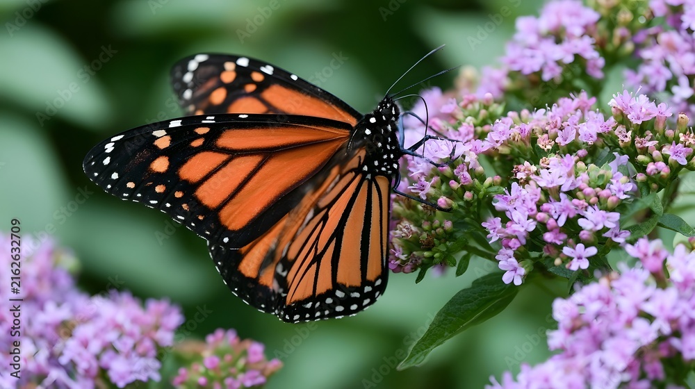 Obraz premium A monarch butterfly perches delicately on clusters of light purple flowers against a soft green background