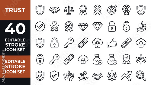 Trust and Security Line Icons Set - Minimalist Business Protection, Quality Guarantee, Safety, Shield, and Compliance Vector Symbols with Editable Stroke