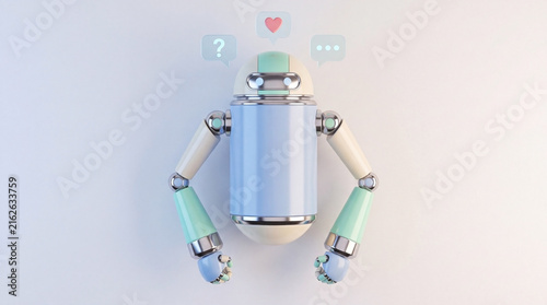 3D cute robot toy character with floating communication and heart icons