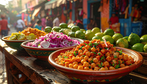 Colorful street food display with fresh vegetables and spices