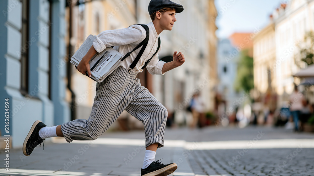 Fototapeta premium Vintage-inspired newspaper delivery boy running through a historic city street carrying a stack of newspapers, traditional journalism, print media history, nostalgic urban scene,