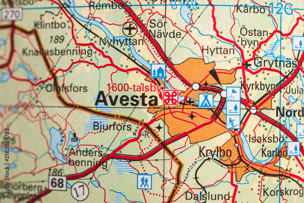 Obraz premium Detailed vintage road map highlighting Avesta and surrounding Swedish towns.