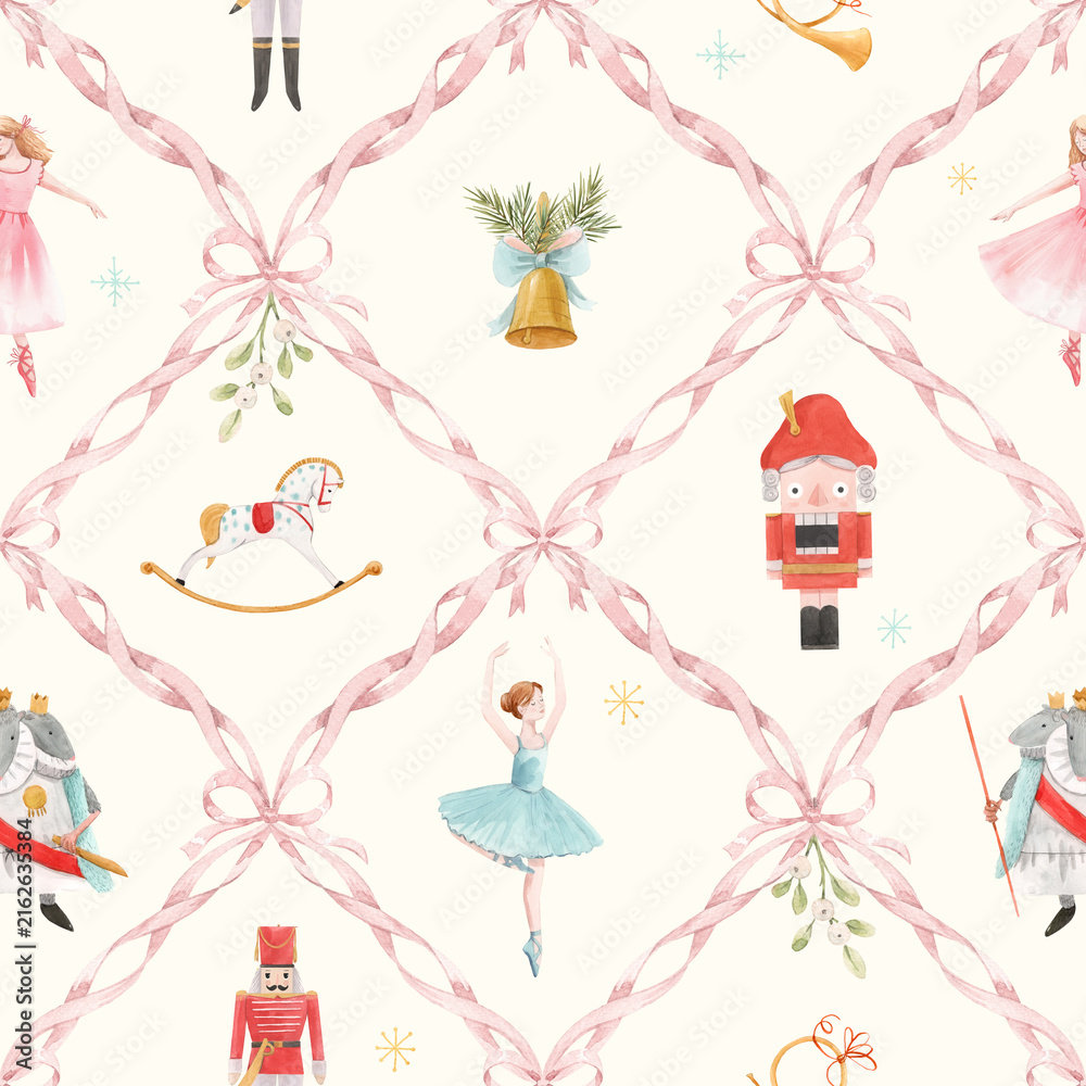 Fototapeta premium Watercolor Nutcracker Christmas Seamless Pattern with pink Ribbon Lattice, Ballerina and Holiday Characters