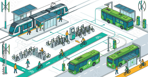 Modern eco‑friendly urban transportation system with solar powered tram, electric buses, and bike sharingModern eco‑friendly urban transportation system with solar powered tram
