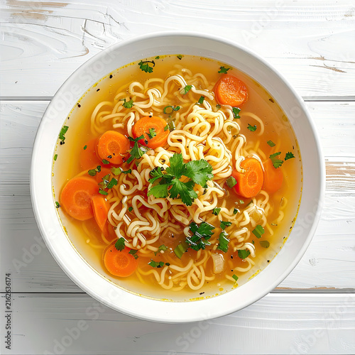 Bowl of Hot Chicken Noodle Soup with Carrots and Fresh Herbs