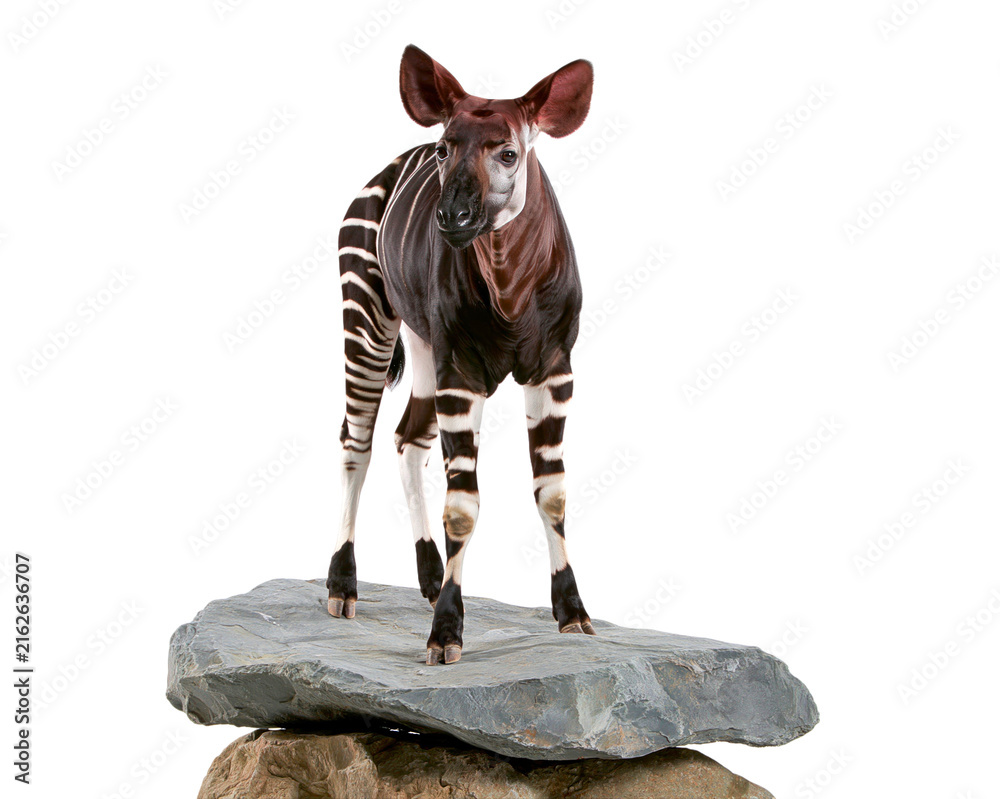 Naklejka premium Okapi on rock with isolated white background