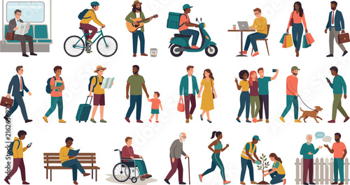 Urban lifestyle illustration set with diverse people in everyday city activitiesUrban lifestyle illustration set with diverse people in everyday city activities