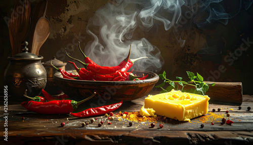 Spicy Red Chili Peppers with Fresh Herbs and Cheese on Rustic Table