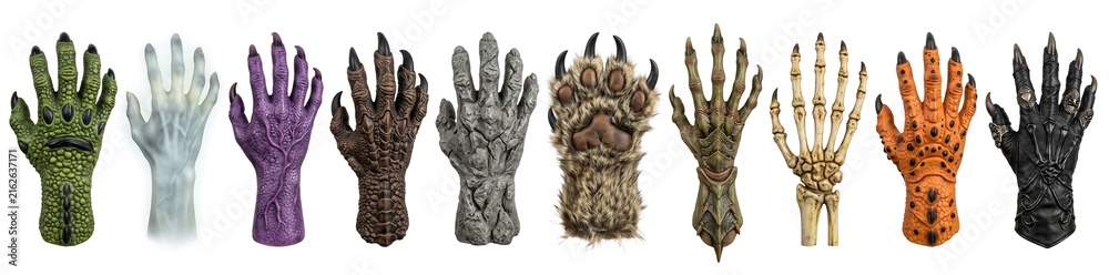 Obraz premium Ten different hands are displayed on a white background. Each hand has a unique design that fits the Halloween theme. They show styles like skeleton, monster, and animal