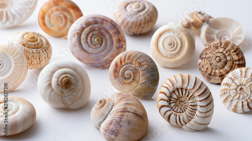 Collection of Spiral Seashells on a White Background