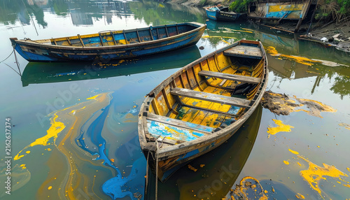 Old Wooden Boats Floating on Calm Water in a River Scene