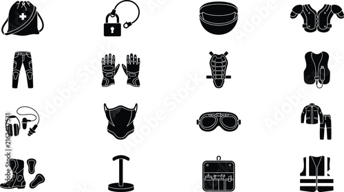 Motorcycle gear and safety equipment silhouettes including helmet, armor, and toolsMotorcycle gear and safety equipment silhouettes including helmet, armor, and tools