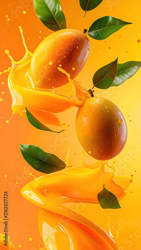 Fresh Mangoes with Splash of Juice and Green Leaves