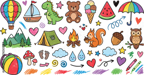 Playful doodles illustration set with nature, camping, and fun activitiesPlayful doodles illustration set with nature, camping, and fun activities
