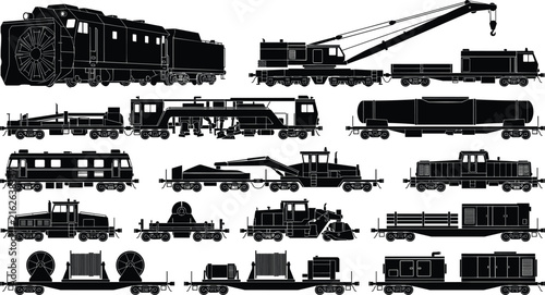 Foto Collection of black silhouettes featuring heavy railway maintenance vehicles, fr