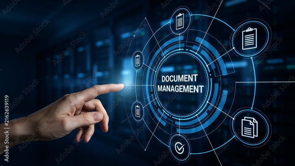 Obraz premium A hand interacting with a digital interface focused on document management, showcasing efficiency and modern technology