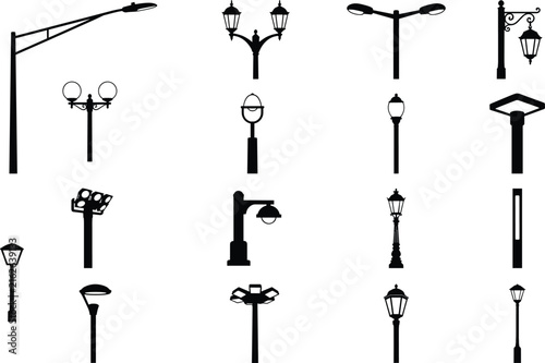 Street lamp and light pole silhouettes with modern and vintage designsStreet lamp and light pole silhouettes with modern and vintage designs
