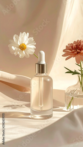 Elegant skincare serum with floral accents in a glass dropper bottle