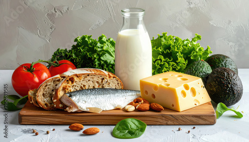 Fresh healthy foods with dairy and vegetables on wooden board