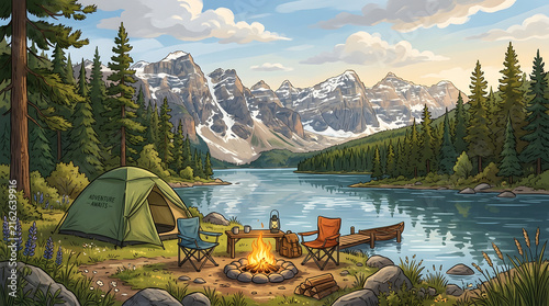 Scenic lake with mountains and wooden boat
