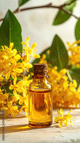 Essential Oil Bottle with Yellow Flowers and Green Leaves