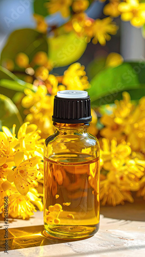 Essential Essential Oil Bottle with Yellow Flowers and Green Leaves