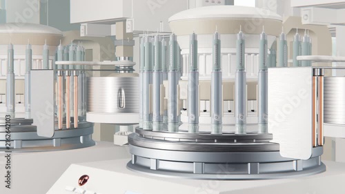 Pharmaceutical production line at pharmacology factory. Quality control medical