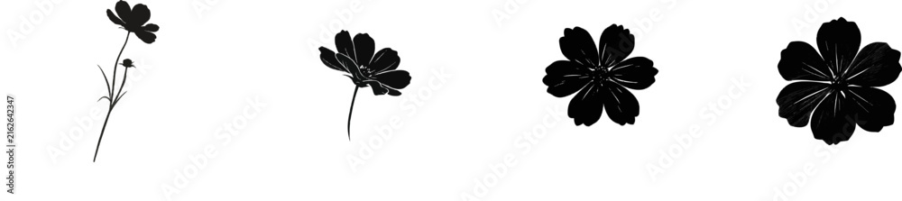 Fototapeta premium A premium black and white flat vector icon of a pressed cosmos flower, featuring solid black lines and fills, exudes modern UI elegance with an exclusive minimalist design, isolated on a pure white