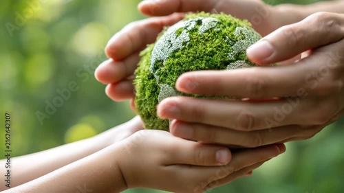 Holding a small earth made of moss in hands