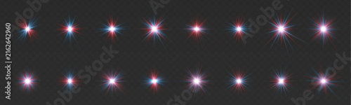 Neon star set glows brightly on a dark abstract background. Pink, blue, and purple spark flares create a magical atmosphere. Colorful collection of shining neon stars.