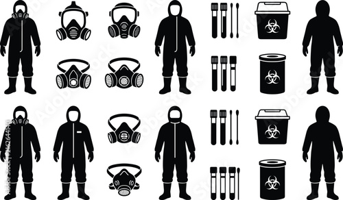 Hazmat suit workers, gas masks, test tubes and biohazard waste container black silhouette vector icon set