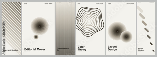 Set of abstract geometric posters and modern graphic patterns featuring minimalist gradients on a transparent background for creative editorial design