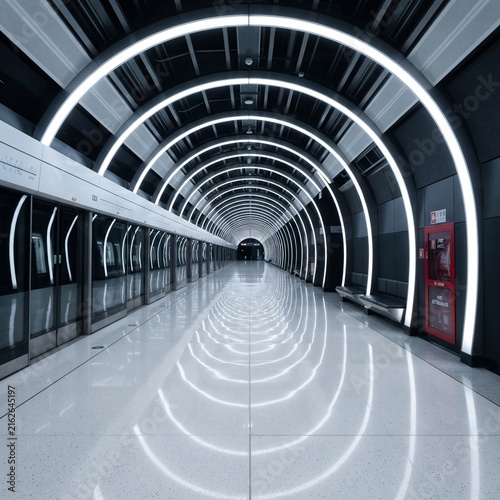 Futuristic subway platform. Modern metro station with curved LED rings. Minimalist white architecture. High-tech corridor lined with bright neon lights and reflective glossy tiles.