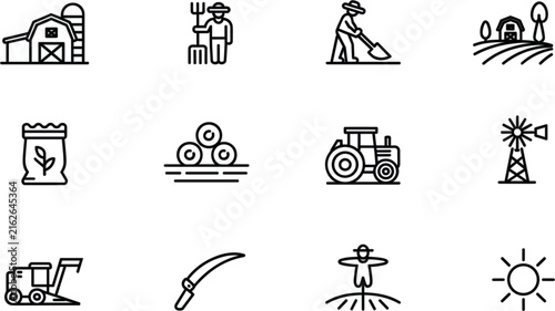 Agriculture farm outline icon set, smart agronomy farmer tractor barn and harvester vector illustration
