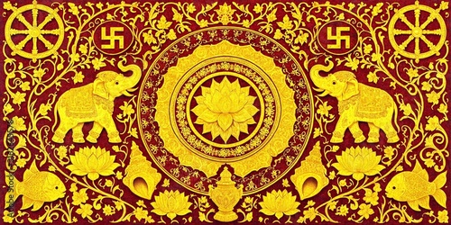 Traditional Thai style golden carving pattern with elephants lotus flowers and religious symbols on red background
