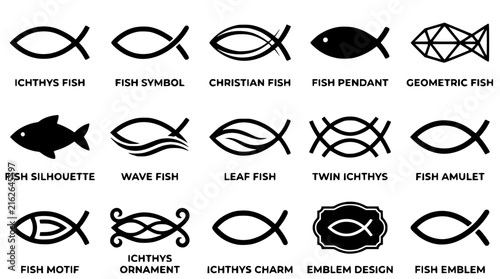 Collection of simple black vector fish symbols for religious graphic design