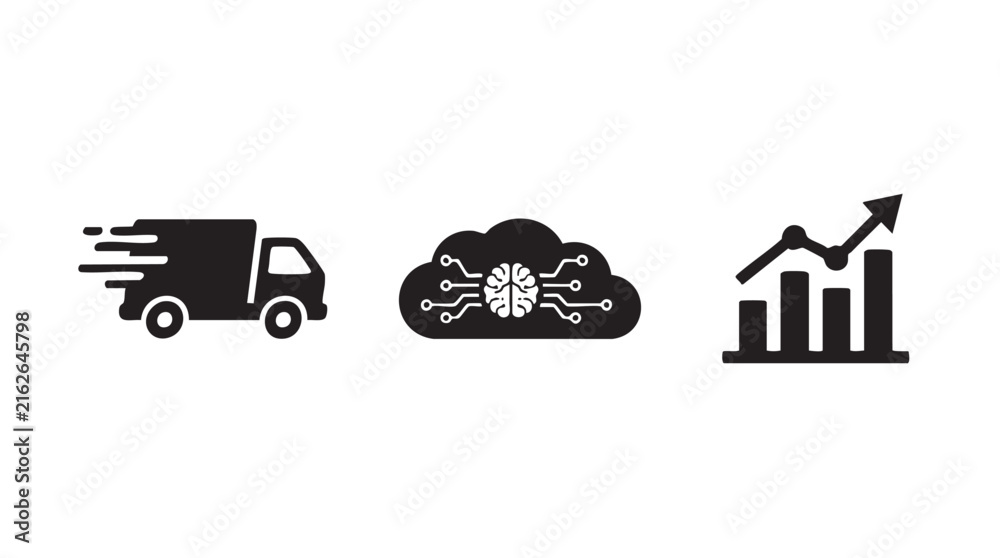 Obraz premium delivery truck vector icon with cloud analytics and graph illustration black silhouette black silhouette vector icon